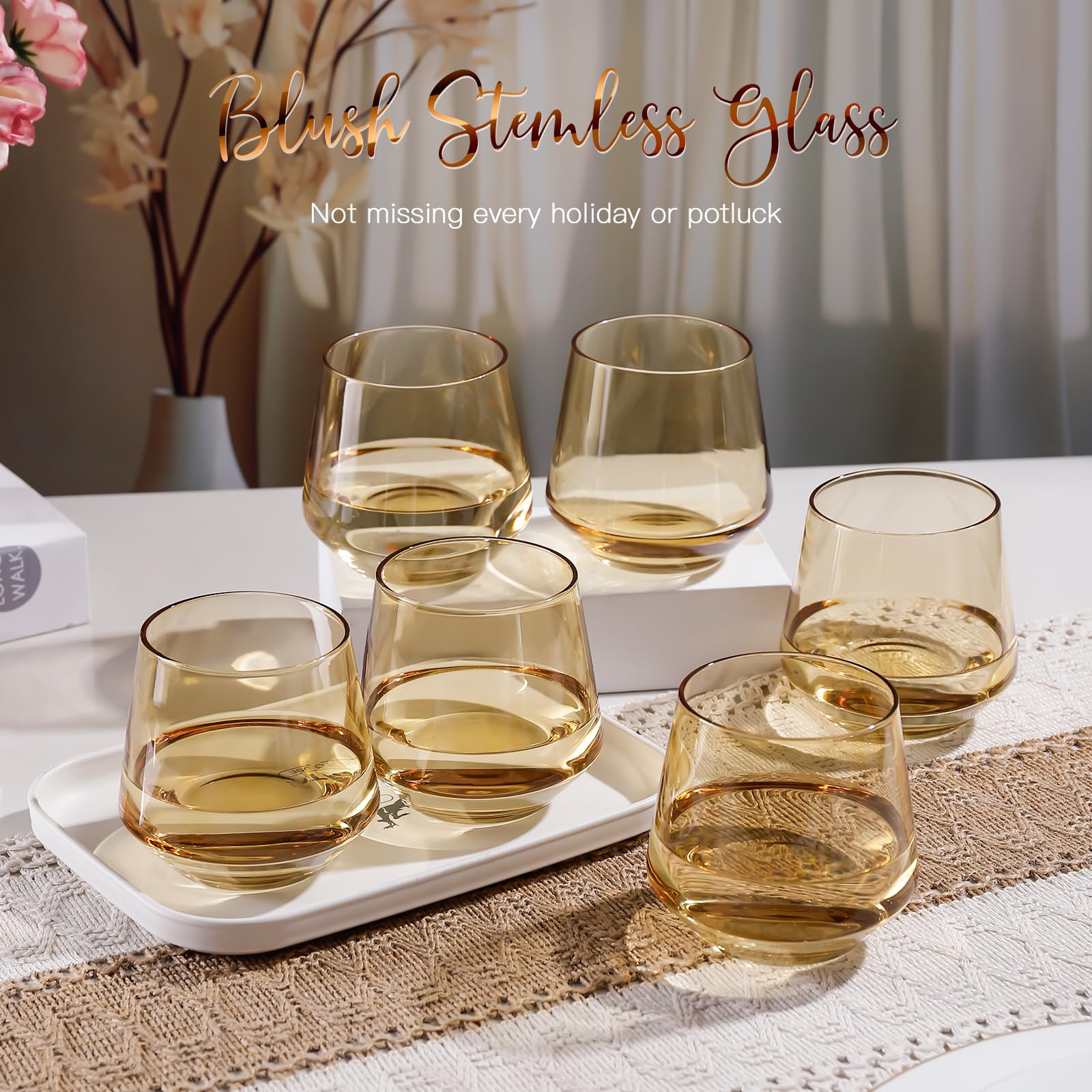 Amazon.com | Amber Stemless Wine Glasses Set of 6-14oz Classic